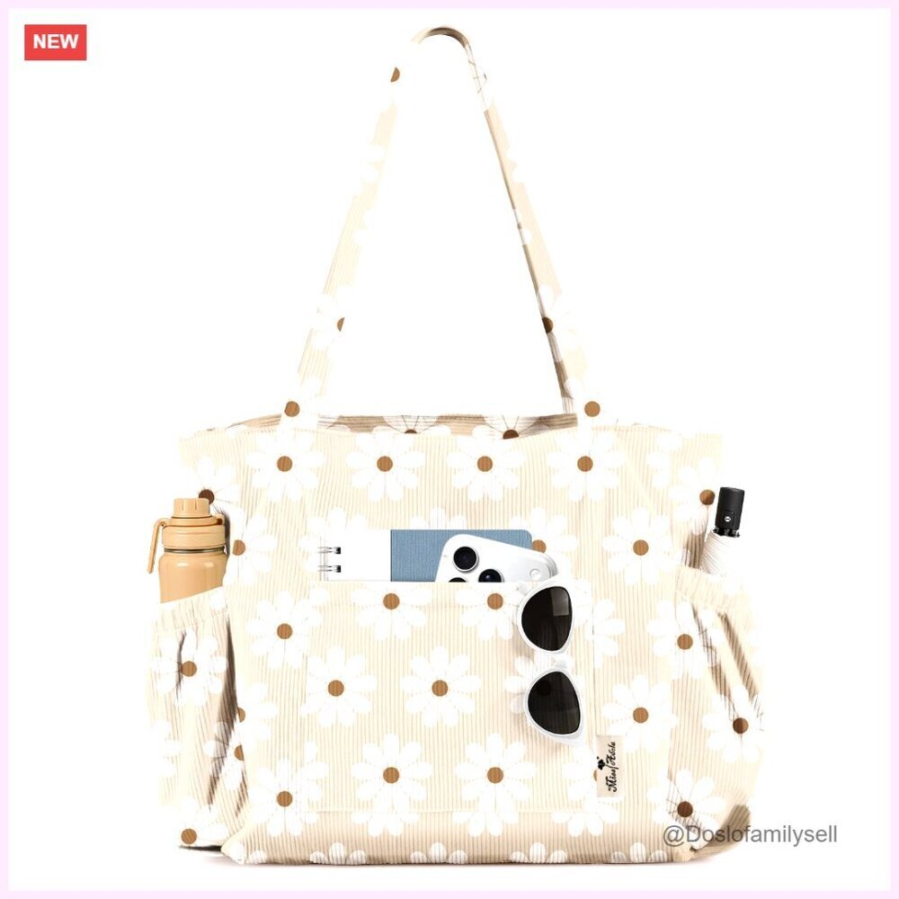 Large Corduroy Tote Bag with Multiple Pockets and Zipper Closure